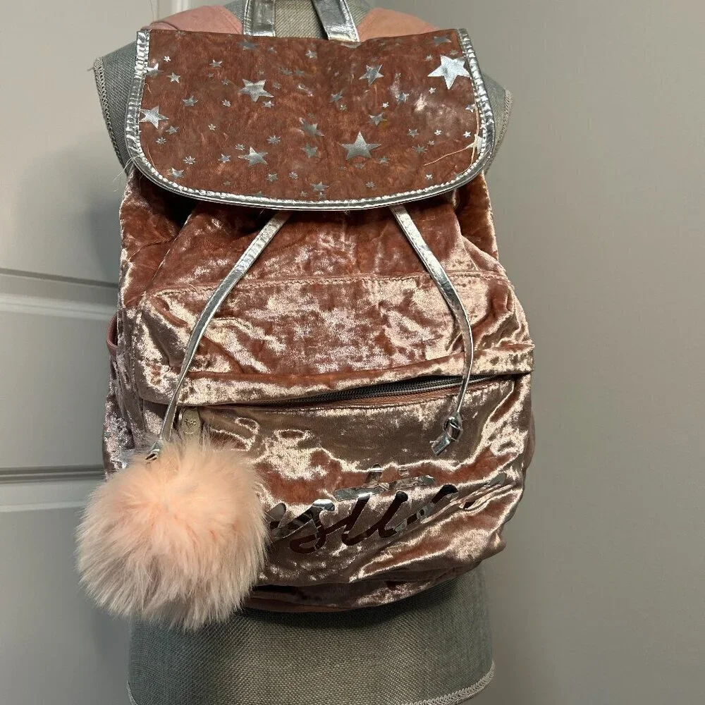 Justice Pink Faux Fur Backpack w Silver stars and Accents GUC